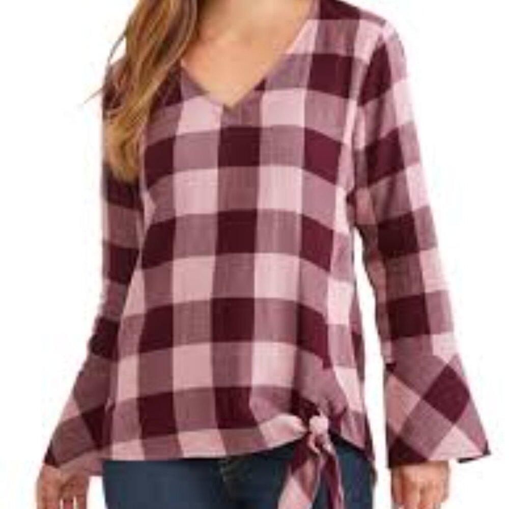 Time and Tru Size XXL (20) Pink and Burgundy Plaid Double Cloth Popover Blouse